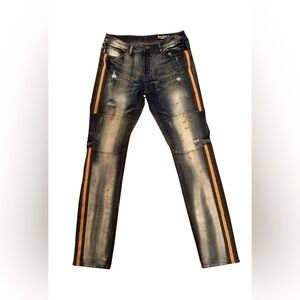 Southpole Skinny Jeans Mens 34x34 Blue Distressed Moto Style Side Stripe